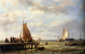 Provisioning a Tall Ship at Anchor Hermanus Snr Koekkoek seascape boat Oil Paintings